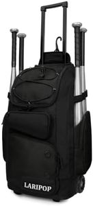 LARIPOP Rolling Baseball Bag Wheeled Softball Backpack, 55L Bat Bag with 4 Bat Holders, Ventilated Shoe Compartment, Fence Hook & Telescopic Handle, Wheels Equipment Gear Tote for Youth Players