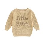 PanLidapan Sister Matching Outfit Clothes Big Sister Jumper Little Sister Sweater Kid Toddler Baby Girl Knitted Sweatshirt Pullover (Khaki Little Sister, 0-3 Months)