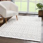 Hauteloom Broadway Collection Living Room Area Rug - Moroccan Trellis Farmhouse - High Low Fringe Carpet - White, Cream, Gray - 7'10" x 10'