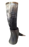 THE ANTIQUE HOUSE Wolf Engraving Ox-Horn Viking Drinking Horn Mug with Stand & Brass Rim Halloween Party Gift