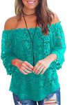 MIHOLL Women's Lace Off Shoulder Tops Casual Loose Blouse Shirts (Green, Large)