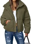 MEROKEETY Women's Winter Long Sleeve Zip Puffer Jacket Stand Collar Baggy Short Coats with Pockets, ArmyGreen, S