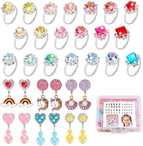 Toddler Toys for Ages 5-7 Little Girl Jewelry,Clip On Earrings For Girls,Adjustable Rhinestone Rings for Girls Pretend Play and Dress Up Rings for 4 5 6 7 8 9 10 11 12 Year Old Girl Birthday Gifts