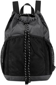 Lohol Lightweight Nylon Drawstring Backpack with Mesh Pockets for Women Men, Water Resistant String Bag for Sports Beach Swimming Camp Travel (Dark Grey)