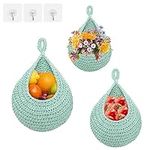 3Pcs Hanging Fruit Baskets for Kitchen, Teardrop Hanging Basket Boho Wall Hanging Holder with Hooks Wall Planters Handwoven Hanging Plant Basket Decor for Vegetable Onion Potato Storage (Green)