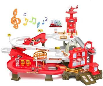 RISUNTOY 52PCS Fire Rescue Adventure Track Playset for Kids Ages 3+, Electric Ladder, 3 Mini Cars&one Airplane, Multi-Level Tracks with Lights & Sounds, Obstacles & Role Play, Gift for Boys & Girls