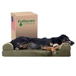 Furhaven Memory Foam Dog Bed for Large/Medium Dogs w/Removable Bolsters & Washable Cover, for Dogs Up to 55 lbs - Faux Fur & Velvet Sofa - Dark Sage, Large