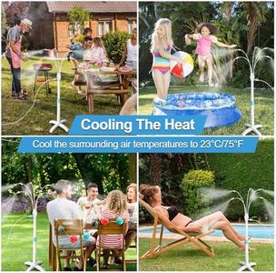Misters for Outside Patio, Standing Misting Cooling System, Portable Water Mist Hose Kit for Outdoor, Adjustable Height & 5 Spray Nozzles for Backyard BBQ Cool Pool Tanning Garden Kids Having Fun.