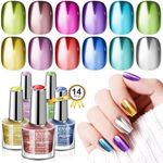 14PCS Saviland Chrome Nail Polish Set -12 Colors Mirror Metallic Gold Chrome Glitter Nail Polish Holographic Purple Green Chrome Gel Polish Quick Dry with Base Top Gel for French DIY Manicure Nail Art