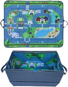 HECKBO Organisateur de voiture et tapis de jeu 4 en 1 - Boîte de rangement de jouets pour enfants - Tapis de jeu pliable avec motif de rue - Fixation sûre dans la voiture, 91cm x 72cm