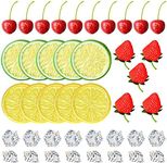 Chewarelly 70 Pcs Fake Fruits Ice Cube Set, Include 10 Artificial Lemon Slice 10 Simulation Cherries 5 Fake Strawberry 45 Fake Crushed Ice and Ice Cubes for Home Kitchen Decoration