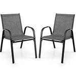 COSTWAY Garden Chairs Set of 2/4, Stackable Outdoor Dining Chairs with Armrests, Metal Frame Fabric Patio Bistro Chair Deck Seats for Poolside, Backyard, Lawn and Balcony (55x67x83cm, Gray, 4)