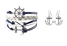 Infinity Collection - Nautical Anchor Charm Earrings & Bracelet for Women, Navy and White Anchor Braided Bracelet - Weaved Leather Rope with Ship Wheel, Infinity, and Anchor Charm Bracelet, 8 inch,