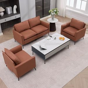 Loveseat Sofa and 2 Modern Faux Leather Chair, Oversized Loveseat for Living Room, Mid-Century Accent Sofa for Bedroom, Comfy Upholstered Sofa for Reading, Waiting Room and Conference Room, Brown