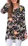 AWULIFFAN Women's Casual Round Neck Long Sleeve Loose Tunic T-Shirt Blouse Tops, 41 Flower Multiple Black, Small