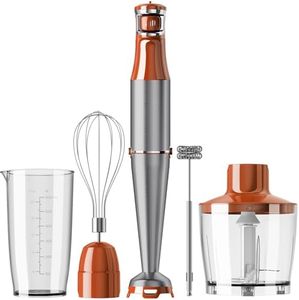 Immersion Blender Handheld Corded Hand Blenders Set 1100W, Trigger Variable Speed 5 in 1 Stick Emulsifier with Chopper, Whisk and Frother for Soup, Baby Food and Smoothies, Orange Brown