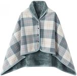 WINKEEY Women Multiway Plaid Poncho Shawl Wrap Fleeced Wearable Blanket Ultra Soft Sherpa Flannel Cape, Light Blue