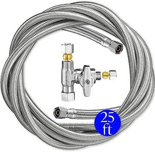 Refrigerator Ice Maker Water Line Kit - 25' Braided Stainless Steel Fridge Water Line with 1/4" Compression Fittings Pex Tubing Core and Water Splitter