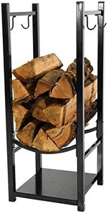 Sunnydaze 32 Inch Firewood Rack Outdoor with Hooks - Powder-Coated Steel- Indoor Fireplace Log Holder - Black