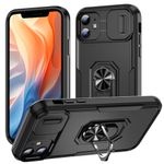 AIOVETEAB for iPhone 11 Case with Slide Camera Protection Cover,Built-in Rotated Ring Kickstand [Full Camera Protection] [Military Grade] Heavy Duty Shockproof Protective Case Cover,Black