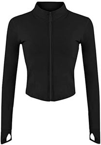 Hongsui Women's Lightweight Full Zip Jackets Yoga Slim Fit Workout Jacket with Thumb Holes (Black, L)