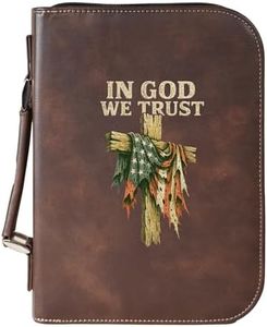 in God We Trust Bible Cover – Vegan Leather Scripture Case with Cross & Flag – Zippered Journal Holder with Handle, Fits Large Bibles, Rustic