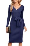 Newshows Womens 2024 Formal Sweater Dress Long Sleeve V Neck Business Formal Teacher Outfits Wedding Guest Dress(Navy Blue,M)