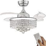 48" Crystal Ceiling Fan with Lights, Fandelier, Retractable Invisible Modern Ceiling Fan Chandelier with Remote Control for Bedroom Living Room Polished Modern Chrome Silver 6 Speed 3 Colors