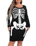 HDE Plus Size Skeleton Dress Halloween Costume Stretchy Long Sleeve Mini Dress, Black, 4X