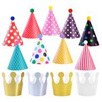 KATOOM 31pcs Kids Party Hats,Birthday Party Hats for Kids Princess Crown Paper Cap Colorful Cake Cone Hat with Pom Poms and Elastic Band Party Headwear for Kids Birthday Party Decorations