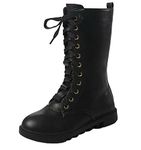 DADAWEN Girls Leather Winter Warm Lace-up Zipper Mid Calf Combat Riding Boots Black 9.5 Child UK