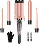 BESTOPE PRO 5 in 1 Wave Iron Set - Includes 3 Ceramic Barrels to Create Big Waves Including Temperature Setting, Quick Heat and Glove, 2 Clips, Rose Gold