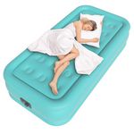 HikerSKY Twin Air Mattress with Built in Pump, Single Blow up Air Bed with Portable Storage Bag, Suitable for Home and Guests, Top Flocking, 18" QueenTurquoise Green