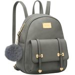 KKXIU Girls Small Backpack Purse Vegan Leather Mini Bookbag for Women Cute Teen Pompom Daypack, Grey, Small, Backpack