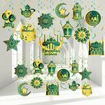 30 Pieces Ramadan Mubarak Decorations, Eid Mubarak Hanging Swirl Shining Gold Star Moon Lantern Ceiling Foil Decor for Eid Al-fitr Party Egyptian Holiday Decorations Supplies (Dark Green and Gold)