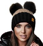 4sold Miki Colour Beige Black Womens Girls Winter Hat Wool Knitted Beanie with Double Pom Pom Cap Ski Snowboard Bobble