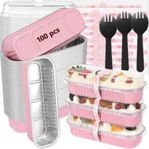 100 Pack Mini Loaf Pans with Lids and Spoons Sealing Sticker, 200ml Mini Cake Pans for Baking, Aluminum Foil Loaf Pans, Pink Mini Loaf Baking Pans, Small Cake Containers with Lids
