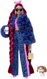 Barbie Poupée Mannequin Extra n° 17 avec Pantalon et Veste en Fausse Fourrure à Imprimé Léopard, Très Longs Cheveux, Figurine Chiot et Accessoires, Jouet Enfant, Dès 3 Ans, HHN09