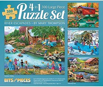 Bits and Pieces - 4-in-1 Multi-Pack - 300 Piece Jigsaw Puzzles for Adults-Each Measures 16" x 20" (46 cm x 61 cm)-River Escapades by Artist Mary Thompson