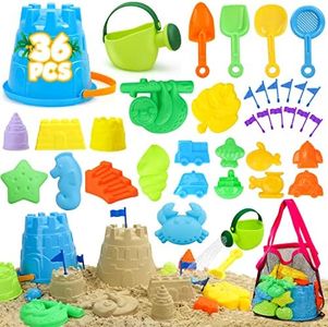 TOY Life 36 Pcs Beach Toys Sand Toys Toddlers with Castle Bucket Shovels & Sand Castle Building Kit Molds, Sandbox Toy Travel, Beach Party, Fishing, Summer Toy Activities