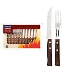 Tramontina Cutlery Set with Steak Knives, 12 Piece Sharp Knife and Fork Set with Wooden Handles, ‎Camping, Kitchen, Rustic, 22299002