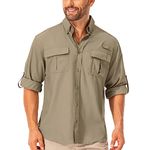 mosingle Men's Long Sleeve Hiking Shirt, Sun UV Protection Safari Fishing Outdoor Shirt Quick Drying Lightweight Walking Travel Shirts #5053-Khaki-M