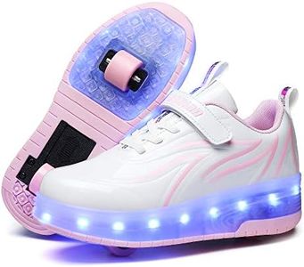 HHSTS Kids Shoes with Wheels LED Light Color Shoes Shiny Roller Skates Skate Shoes Simple Kids Gifts Boys Girls The Best Gift for Party Birthday Christmas Day(1 Little Kid,White Pink)