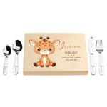 LAUBLUST Personalized Flatware Utensils Set - Giraffe - Engraved with Name | New Born Baby & Toddler Gift - Natural Wooden Box & Spoons and Forks Stainless-Steel 4 pcs. Set | Made in Germany