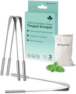 Yoga Medic Tongue Scraper for Adults & Kids, 100% Stainless Steel (3 Pack)- Fight Bad Breath- Reusable Tongue Cleaner with Travel Case- Gentle Handle- Mouth Freshener- Get Rid of Coated Tonge- U Shape
