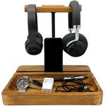 WRIGHTMART Acacia Wood Dual Headphone Stand, Headset Stand with Storage Tray, Heavy Duty Holder for Over-Ear Headphones, Cell Phone, iPad, iPhone, Compatible with Bose, Beats, Sony, Sennheiser