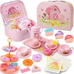Lajeje Toddler Farm Theme Tea Set for Girls 3-5, 47PCS Plastic Barn Animal Pretend Play Tea Party Set with Teapot, Cups, Tray, Desserts & Story Cards, Carrying Case Pink Gift Toy for Kids