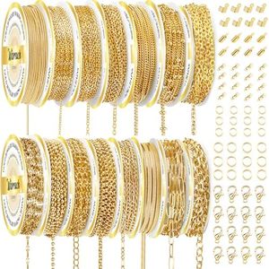 Wisreach Chains Jewelry Making Supplies Gold Chains for Making Jewelry, 111.5 Feet 15 Rolls Jewelry Chains for DIY Necklace Bracelet Findings with Jump Rings/Lobster Clasps/Connectors