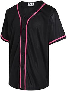 Pullonsy Black Softball Baseball Jersey for Men Women Unisex Custom Button Up Shirts Sports Uniforms Outfits Hot Pink Stripe-Black Jersey,Men Size Medium