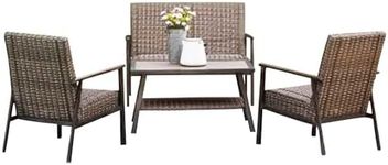 Four Seasons Courtyard Nantucket 4 Piece Deep Seating All Weather Outdoor Patio Furniture Set with 2 Chairs, Loveseat, and Rectangular Table, Brown